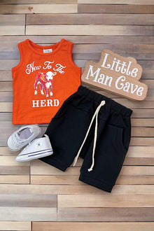  New to the herd" orange graphic tank top & black shorts. OFB25133023 JEANN