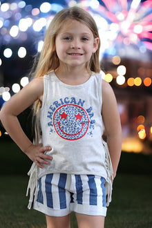  American babe fringe top with stripe denim shorts. ofg30113024-sol
