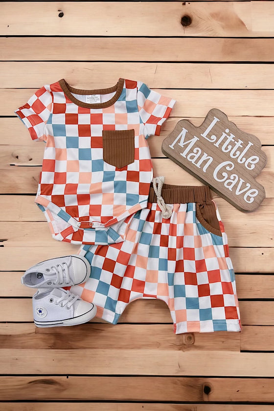 multi color checker printed baby onesie & shorts. RPG25153068-JANETH