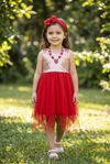 BLUSH SEQUINS WITH RED TULLE SKIRT DRESS. DRG051323014 AMY
