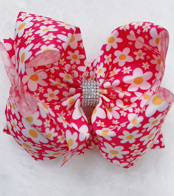 Floral printed on pink double layer hair bows. (4PCS/$10.00) BW-DSG-B12