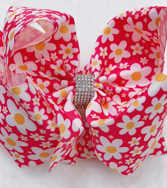 Floral printed on pink double layer hair bows. (4PCS/$10.00) BW-DSG-B12
