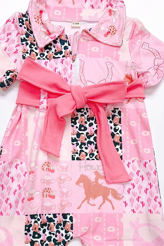 Pink western printed girls romper. SR031901-JEAN