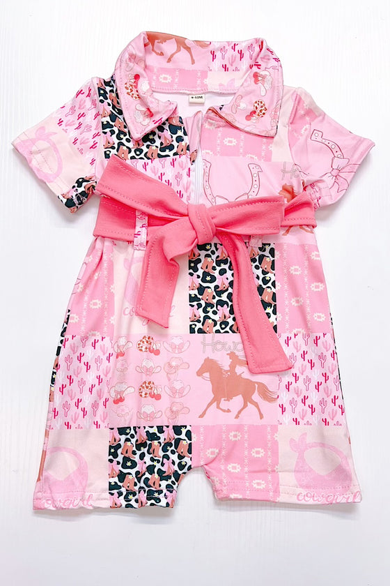 Pink western printed girls romper. SR031901-JEAN
