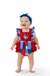 Patriotic multi-printed patch baby romper. RPG60740 Jean