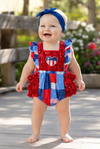 Patriotic multi-printed patch baby romper. RPG60740 Jean