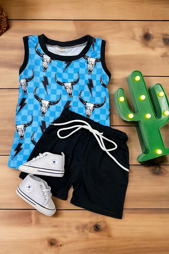Checker, bullskull & strike printed boys set. BSS020306-LOI