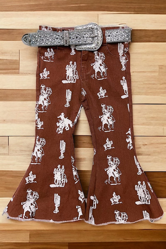 Horse rider printed on brown bootcut pants. P0076-JEANNE