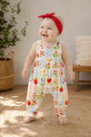 Ivory & blue, gingham strawberry printed baby romper. SR013029-AMY