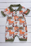 Longhorn printed baby romper w/olive green hem & snaps. SR013030-JEAN