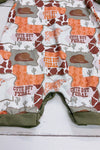 Longhorn printed baby romper w/olive green hem & snaps. SR013030-JEAN