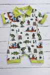 Gone Fishing printed baby romper w/lime green hem & snaps. SR013031-SOL