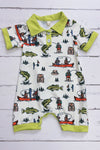 Gone Fishing printed baby romper w/lime green hem & snaps. SR013031-SOL