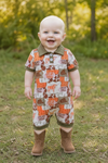 Longhorn printed baby romper w/olive green hem & snaps. SR013030-JEAN