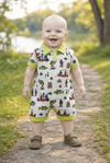 Gone Fishing printed baby romper w/lime green hem & snaps. SR013031-SOL