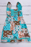 Turquoise & brown western patch printed romper. SR112710-SOL