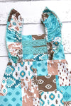 Turquoise & brown western patch printed romper. SR112710-SOL