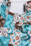 Turquoise & brown western patch printed romper. SR112710-SOL