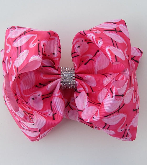 Flamingo printed double layer hair bows. (6.5"wide 4pcs/$10.00) BW-DSG-874