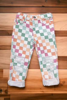  Multi-color checker distressed denim pants. PNG25133015-amy