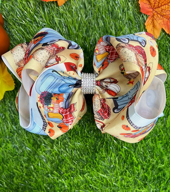 PUMPKIN PATCH ON A TRUCK PRINTED 7.5" WIDE DOUBLE LAYER HAIR BOWS WITH RHINESTONES. 4PCS/$10.00 BW-DSG-726