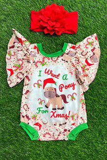  📢I WANT A PONY FOR XMAS"  MULTI-PRINTED BABY ONESIE WITH ANGEL SLEEVES. KC2023-A-A