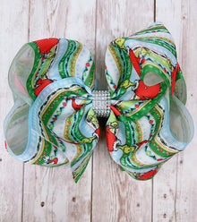  6.5" Grin** printed double layer hair bows w/alligator clips. BW-DSG-10B