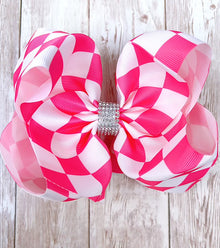  6.5" Fuchsia checkered double layer hair bows. BW-DSG-10D