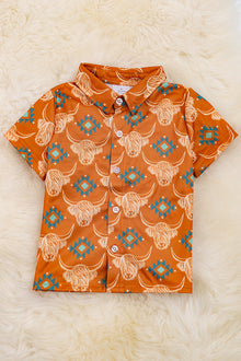  Rust orange highland cow & aztec printed boys button up shirt. TPB25154002 WENDY