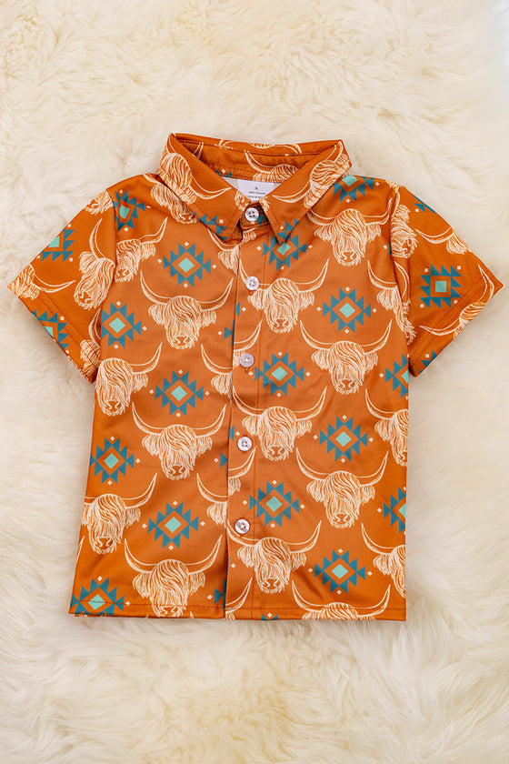 Rust orange highland cow & aztec printed boys button up shirt. TPB25154002 WENDY
