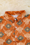 Rust orange highland cow & aztec printed boys button up shirt. TPB25154002 WENDY