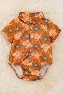  Rust orange highlad cow & aztec printed button up onesie. RPB09154001 loi