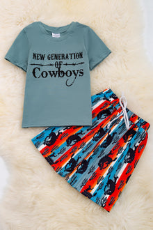  New Generation of cowboys "Dusty blue tee & multi printed shorts. OFB25154001 SOL
