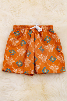  Rust orange highland cow & aztec printed boys trunks. SWB25154001 Jeann