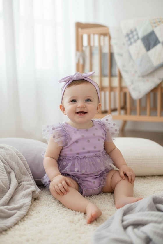 Purple Polka dot sheer material baby bodysuit. RPG25143007 AMY