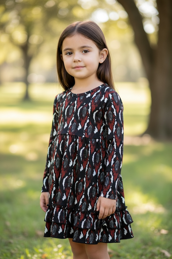 Black multi-printed girls dress with ruffle hem.