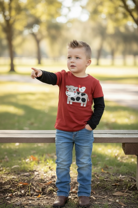 Cow applique long sleeve boys shirt. LC-TP-2110696-jean