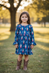 Gnome printed navy blue dress w/ bell sleeves.