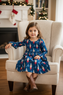  Gnome printed navy blue dress w/ bell sleeves.
