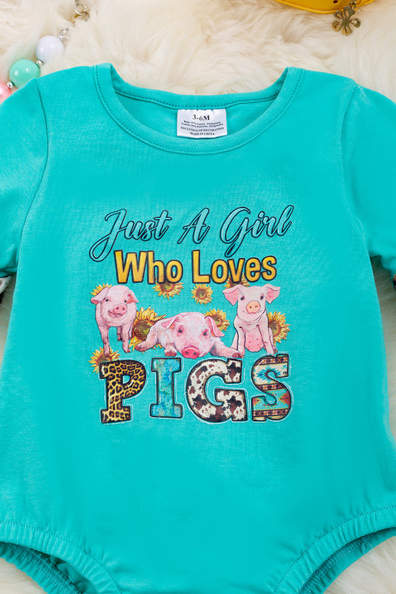 "Just a girl who loves pigs" Aqua graphic baby onesie with snaps. RPG25144013 AMY