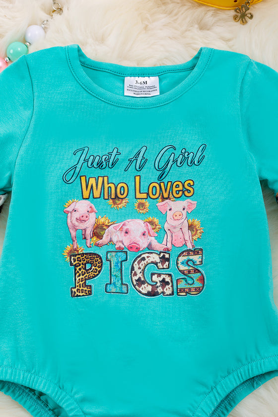 "Just a girl who loves pigs" Aqua graphic baby onesie with snaps. RPG25144013 SOL