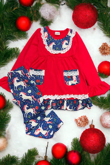  Red tunic with unicorn printed on leggings. CKTZ-02444
