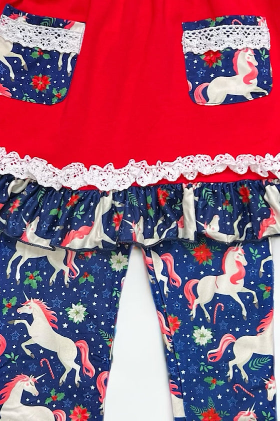 Red tunic with unicorn printed on leggings. CKTZ-02444
