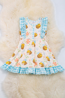  Bee & gingham printed girls dress with ruffle hem. DRG25114013 JEAN