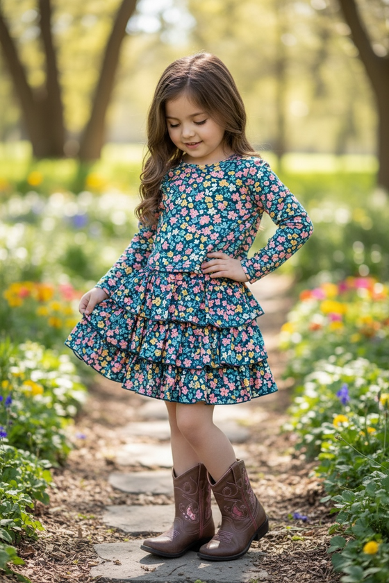 Floral printed long sleeve crop top & ruffle layered skort. OFG60156 SOL