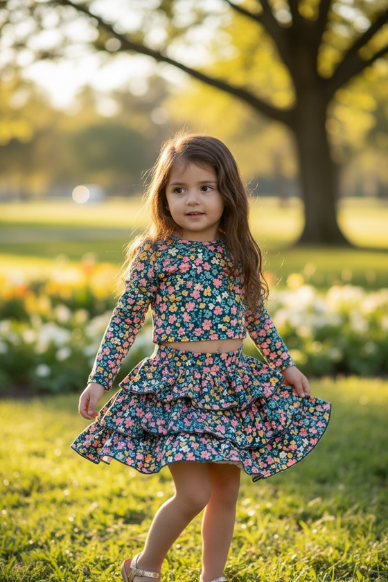 Floral printed long sleeve crop top & ruffle layered skort. OFG60156 SOL