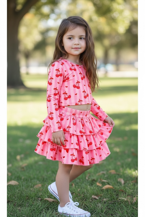 Cherry & stripe long sleeve top & skort. OFG60217 JEAN
