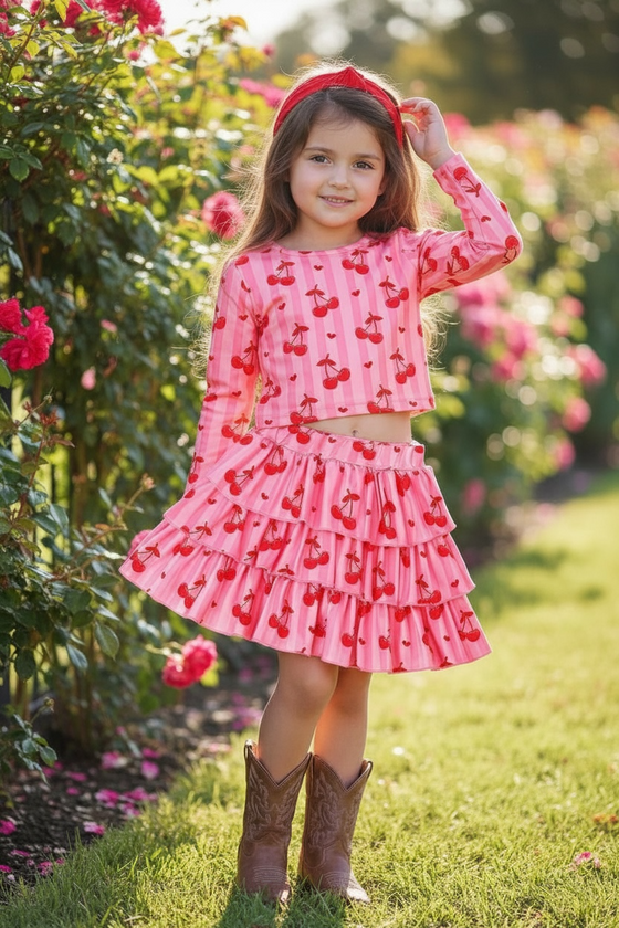 Cherry & stripe long sleeve top & skort. OFG60217 JEAN