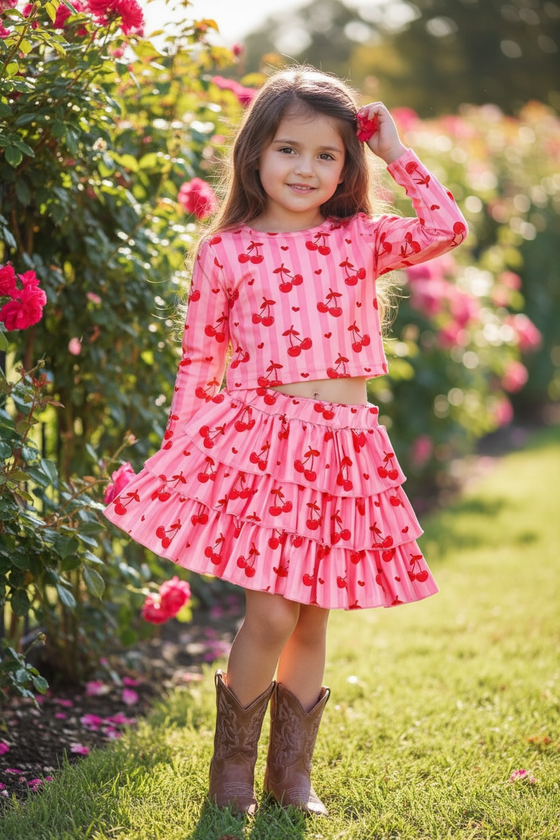 Cherry & stripe long sleeve top & skort. OFG60217 JEAN