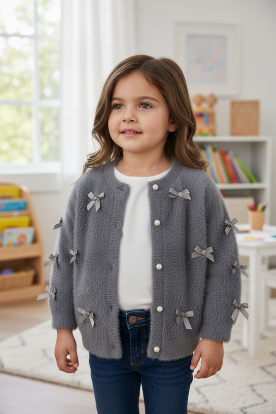 Gray button up cardigan with peal buttons. TPG52053 AMY